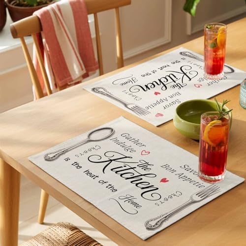 Placemats Set of 6, Beige Retro Art Cotton Linen Place Mats, Spoon