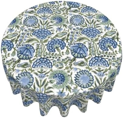 Blue Sage Green Floral Round Tablecloth 70 Inch Chinoiserie Flower
