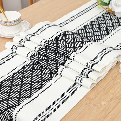 Off-White and Black Rustic Boho Table Runner with Tassels, Farmhouse