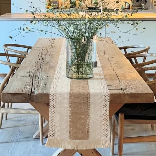 Farmhouse Decor Boho Table Runner with Macrame, Elegant Beige Brown