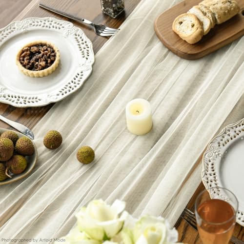 Artoid Mode 3PCS Beige Gauze Table Runner 120 Inch 10FT, Seasonal