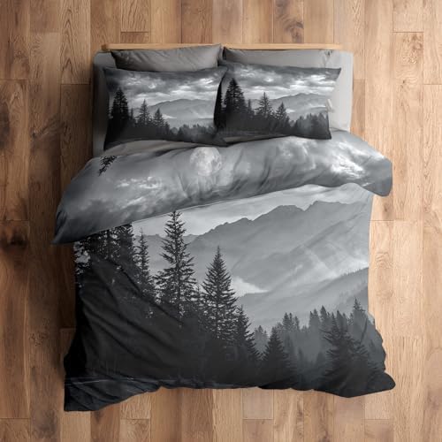 Grey Forest Duvet Cover King Size, Misty Mountain Pattern Bedding Set