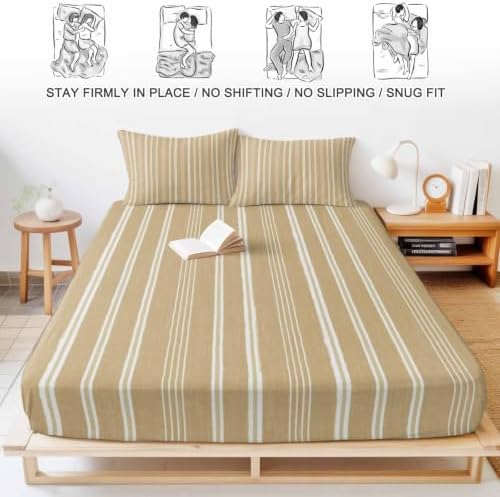 Twin XL Fitted Sheet Deep Pocket, Beige Sand Minimalist Striped Soft