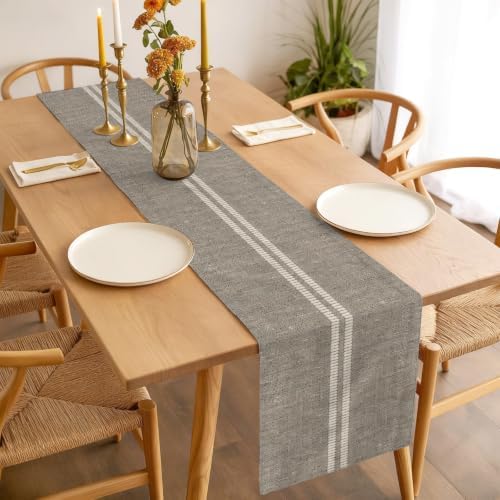 Cream Grain Line Table Runner, Soft Taupe Woven Canvas Style Romantic