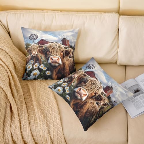jejeloiu Highland Cow Throw Pillow Covers Set of 2 Daisy Botanical