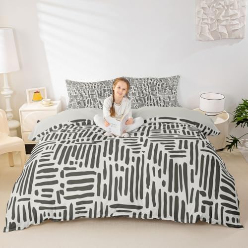 jejeloiu Gray and Beige Duvet Cover Queen Size Brushstroke Print