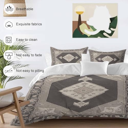 3 Piece Grey Beige Boho Duvet Cover Set Full Size, Microfiber