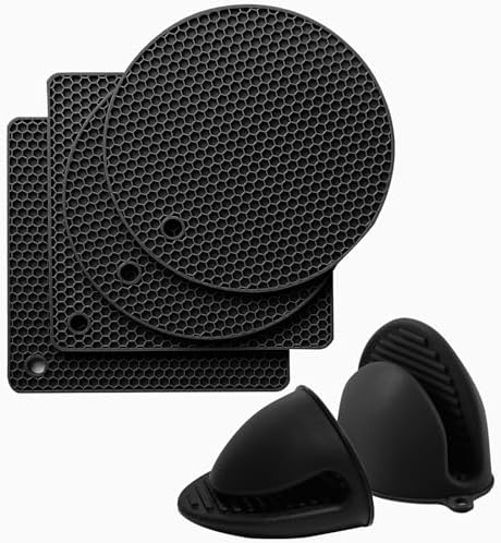 Silicone Oven Mitts and Pot Holders Sets, Hot Pads Kitchen, Black