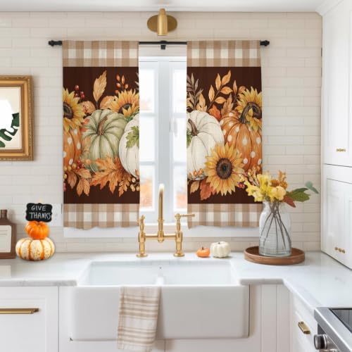 Thanksgiving Pumpkins Sheer Curtains 72 Inches Long, Fall Maple Leaves