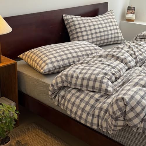 Mucalis Grey White Gingham Plaid Duvet Cover Queen 100% Washed Cotton