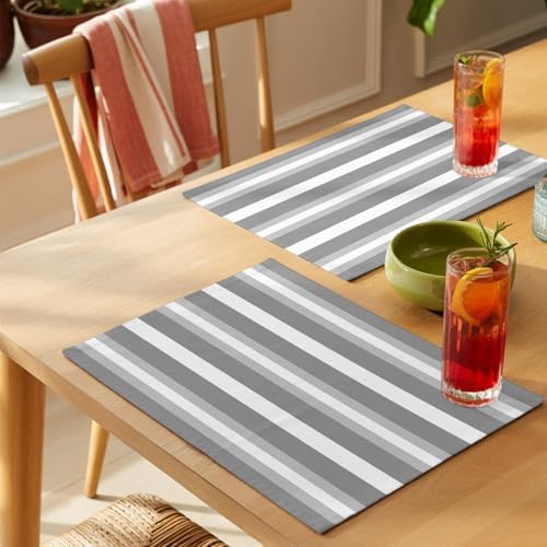 Cotton Linen Placemats for Dining Table Set of 8 Grey Strips