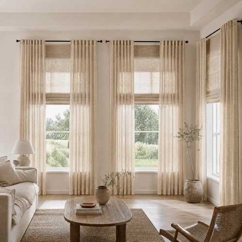 Warm Beige Sheer Linen Curtains for Living Room Bedroom 72 Inches Long