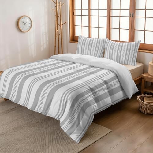 3 Pieces Bedding Set King Size, Grey Striped Soft Duvet Covers Set