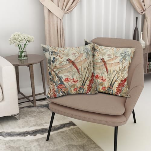 Kawani Summer Dragonfly Pillow Covers 18X18 Inch Red Floral Flower