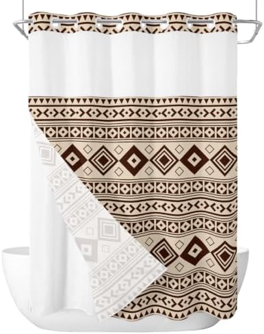No Hook Farmhouse Brown Shower Curtain with Snap in Liner Set, Boho