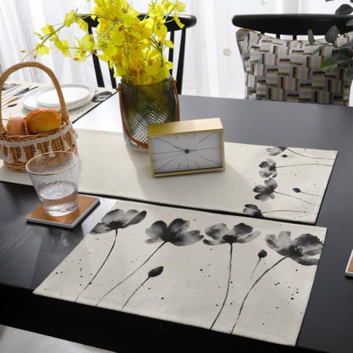 Ink Flowers Table Runner and Placemats Set of 6 Linen Texture Cotton