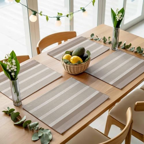 Brown Stripe Placemats Set of 4, Cotton Linen Fabric Place Mats