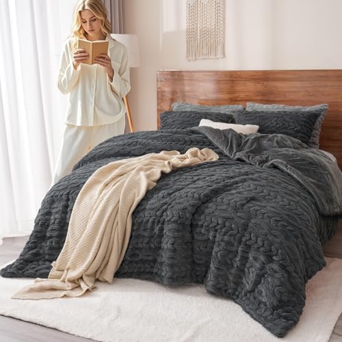 PHF Fluffy Sherpa Fleece Queen Comforter Set, 3 Pieces Warm Fuzzy Soft
