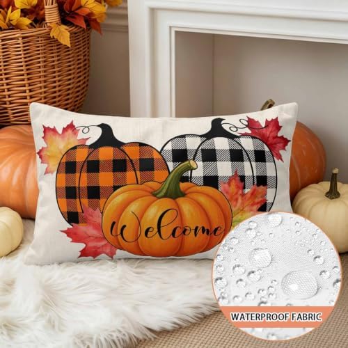 Welcome Outdoor Waterproof Throw Pillow Covers Set of 2, 20"x12", Fall