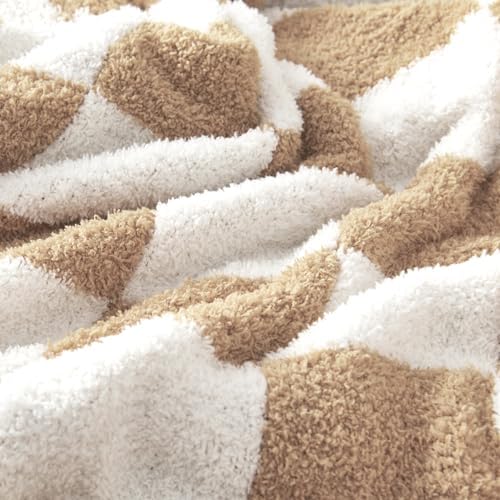 CozeCube Beige White Reversible Checkered Knit Throw Blanket 50"x60"