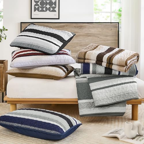 WONGS BEDDING Striped Quilts King Size Set, Black Lightweight