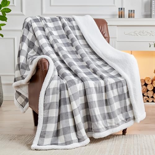 BEDELITE Grey Whtie Buffalo Plaid Sherpa Blanket, Fluffy Twin 60"x80"