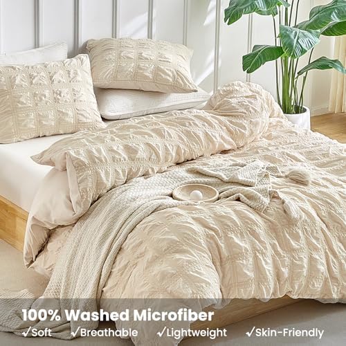 WARMDERN Seersucker Duvet Cover Set Beige King Size