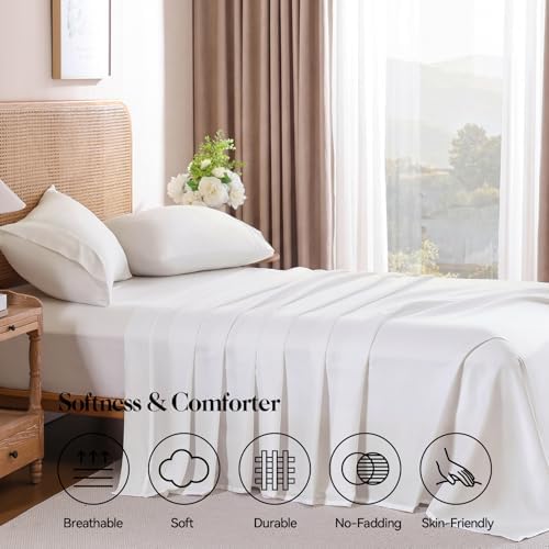 Full Size Sheets Set with Deep Pocket Fitted Sheet Off White Bedding