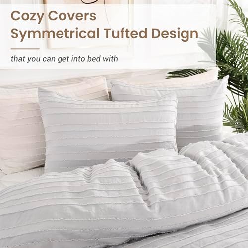 NEXHOME PRO Duvet Cover Full,Light Grey 3 Pieces Boho Tufted Duvet