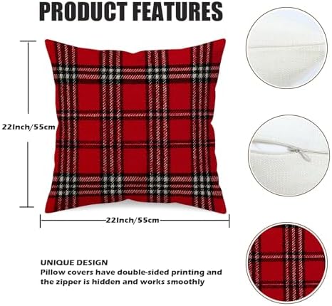 Set of 2 Red Black Buffalo Plaid Check Throw Pillow Covers 22x22 Inch