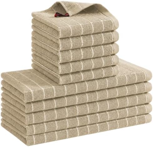 Kitinjoy 100% Cotton Kitchen Towels and Dishcloths Set, Tan