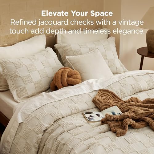 Bedsure King Size Comforter Set Boho, Vintage Plaid Bedding Set Beige