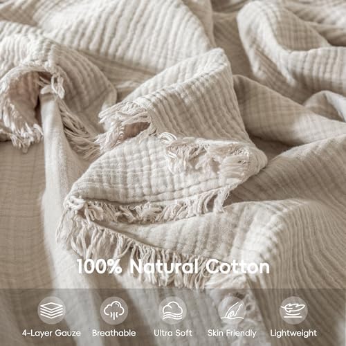 Muslin Fringe Blankets for Adults: 100% Cotton Cloud Soft King