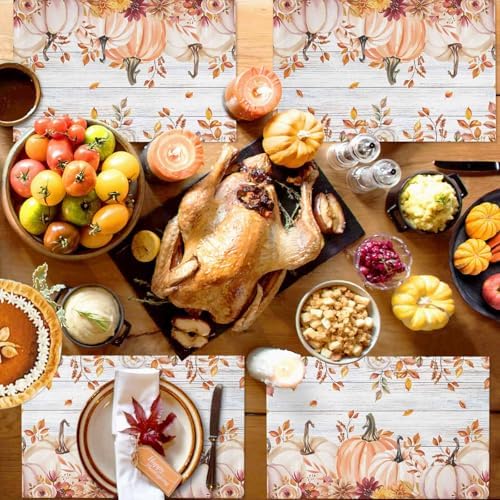 Placemats Set of 8, Thanksgiving Pumpkin Retro Plank Washable Table