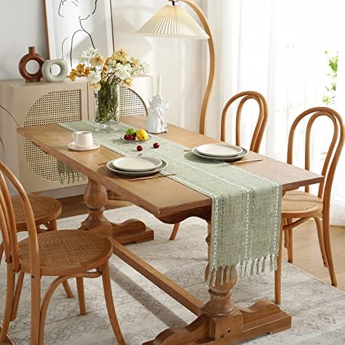 Wracra Rustic Linen Table Runner, Sage Green Table Runners 90 inches
