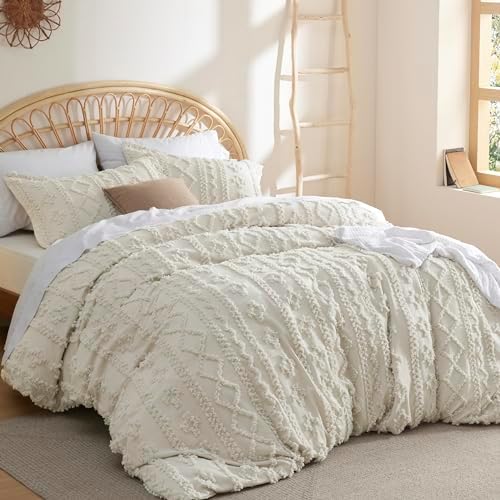 Bedsure Boho Twin Duvet Cover, Tufted Embroidery, 2-Piece, Beige