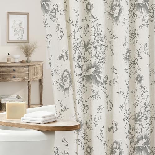 Grey Floral Linen Shower Curtain, Cottagecore French Country, 72x72