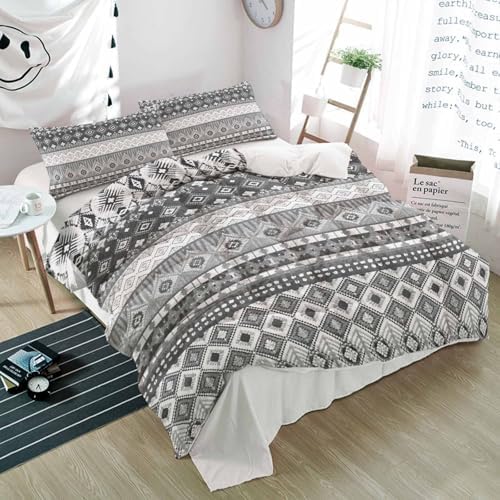 Duvet Cover Set Full, Tribal Gray Geometric Bohemian 3 Piece Bedding