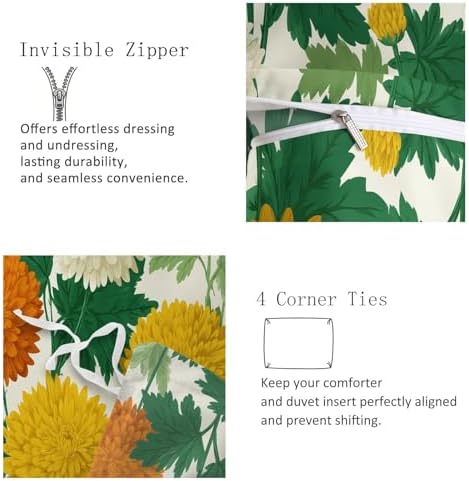 King Duvet Cover Set Retro Chrysanthemum and Sage Pattern Bedding Set