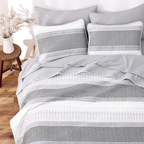 Wake In Cloud - Striped Quilt Set, Farmhouse Coastal Neutral Boho