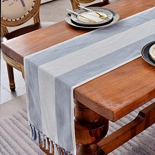Wracra Linen Table Runner, Stripe Table Runners 48 Inches Long Blue
