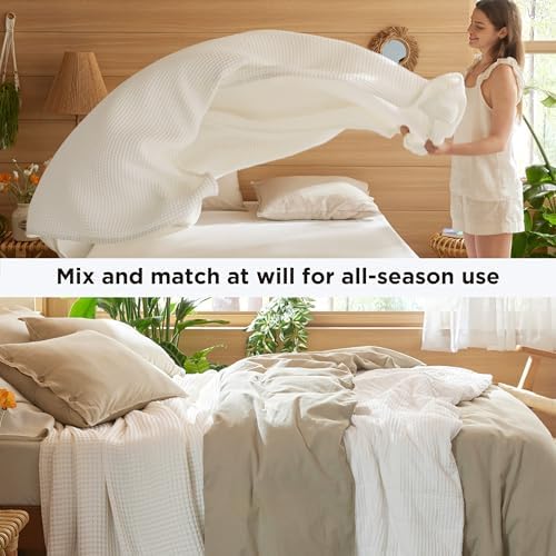Bedsure Lightweight 100% Cotton Waffle Blanket, Queen, Ivory