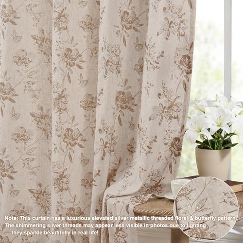 Vintage Linen Curtains with Silver Thread Brown Floral, 52x95 Inch 2