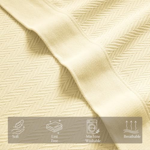 Threadmill Luxury 100% Cotton Queen Herringbone Blanket, Vanilla Cream