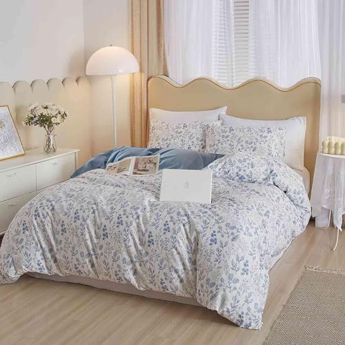 Nanko Floral Duvet Cover Set Queen Size, Blue and White Flower Leaf