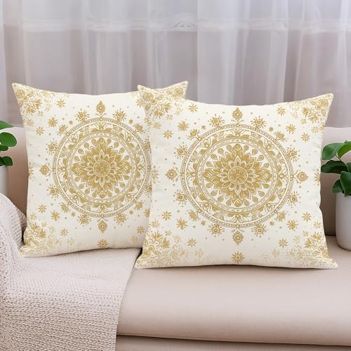 Bohemian Throw Pillow Covers Set of 2, Cream and Gold Floral Mandala