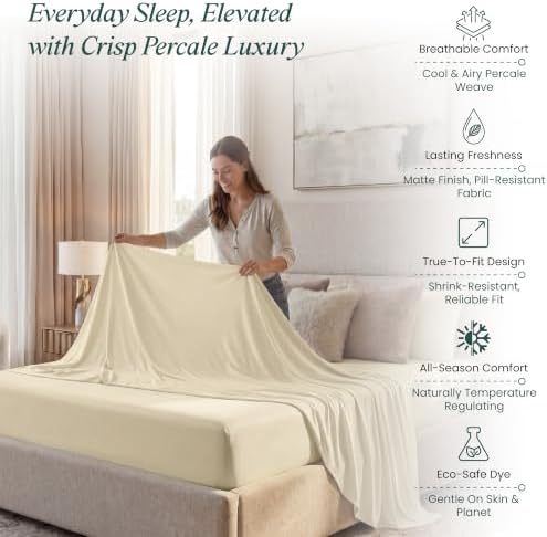 BlissBay 100% Egyptian Cotton Percale Sheet Set Twin Ivory 4 Piece