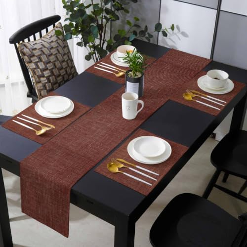 Table Runner and Placemats Set of 6 Brown Linen Texture Table Runner