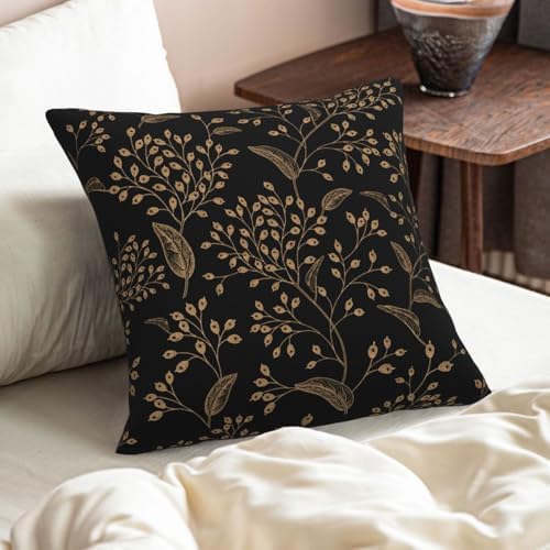 Boho Flowers Throw Pillow Covers Black Gold Floral Leaves Square