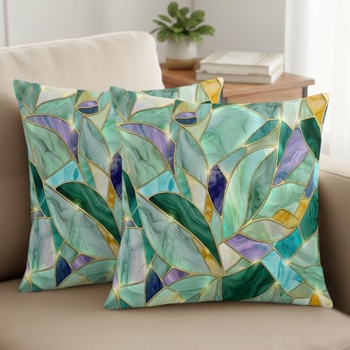 Set of 2 Abstract Leaf Pillow Covers Crystals Gold Veins Luxury